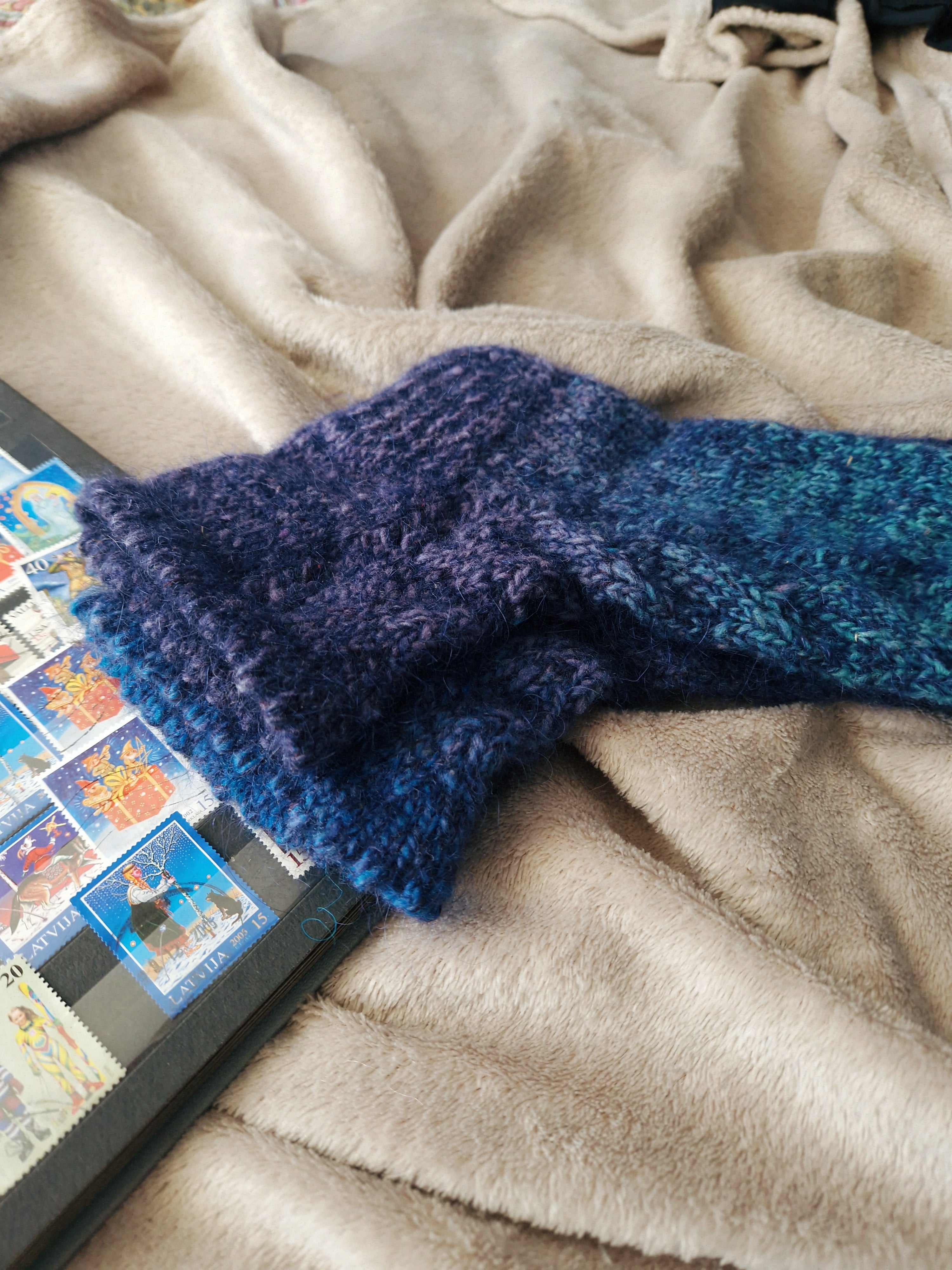 Dark blue, violet natural wool knitted socks. Foot size 22cm