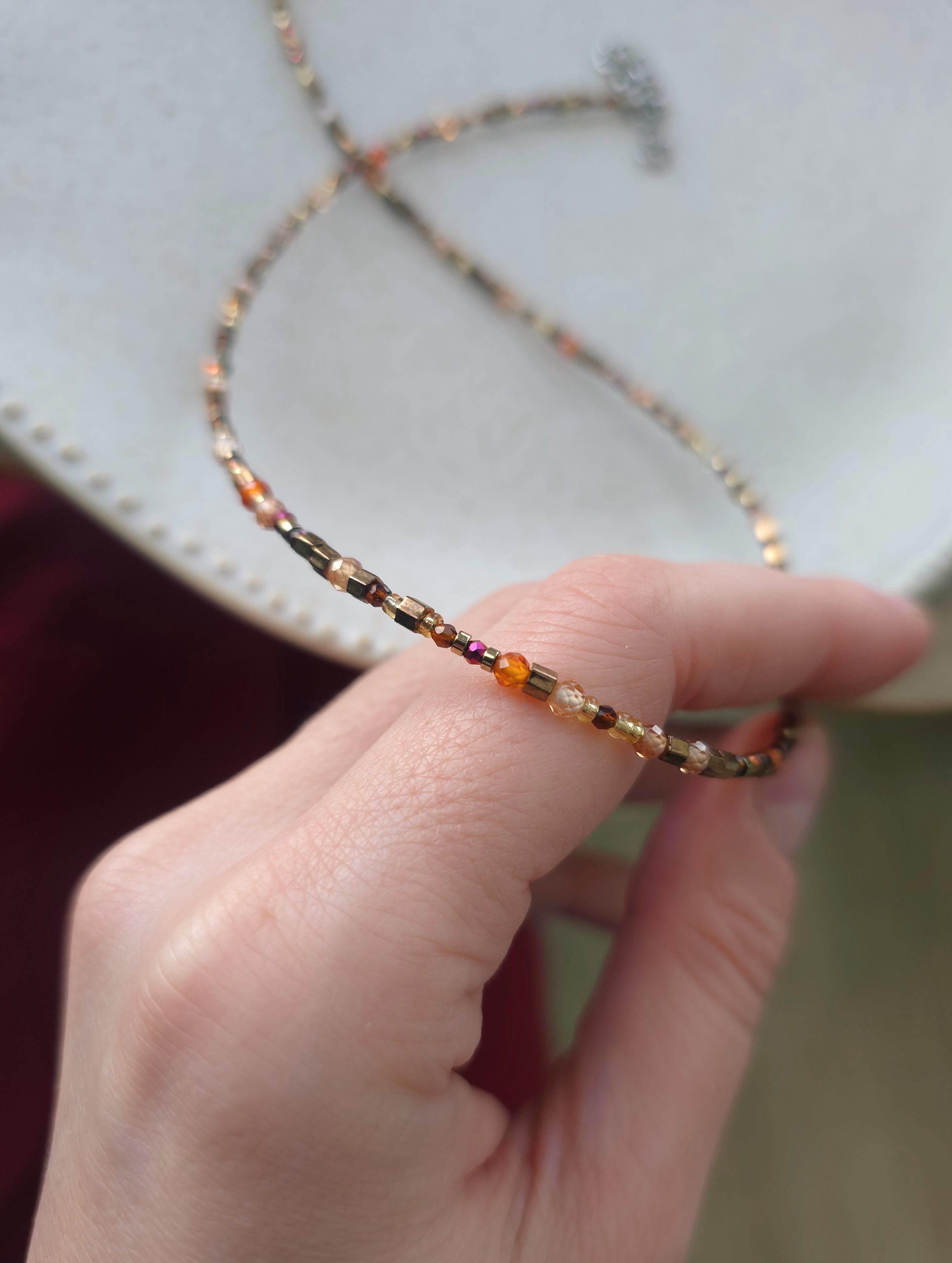 Minimal, tiny seed beads and colorful zirconiums necklace