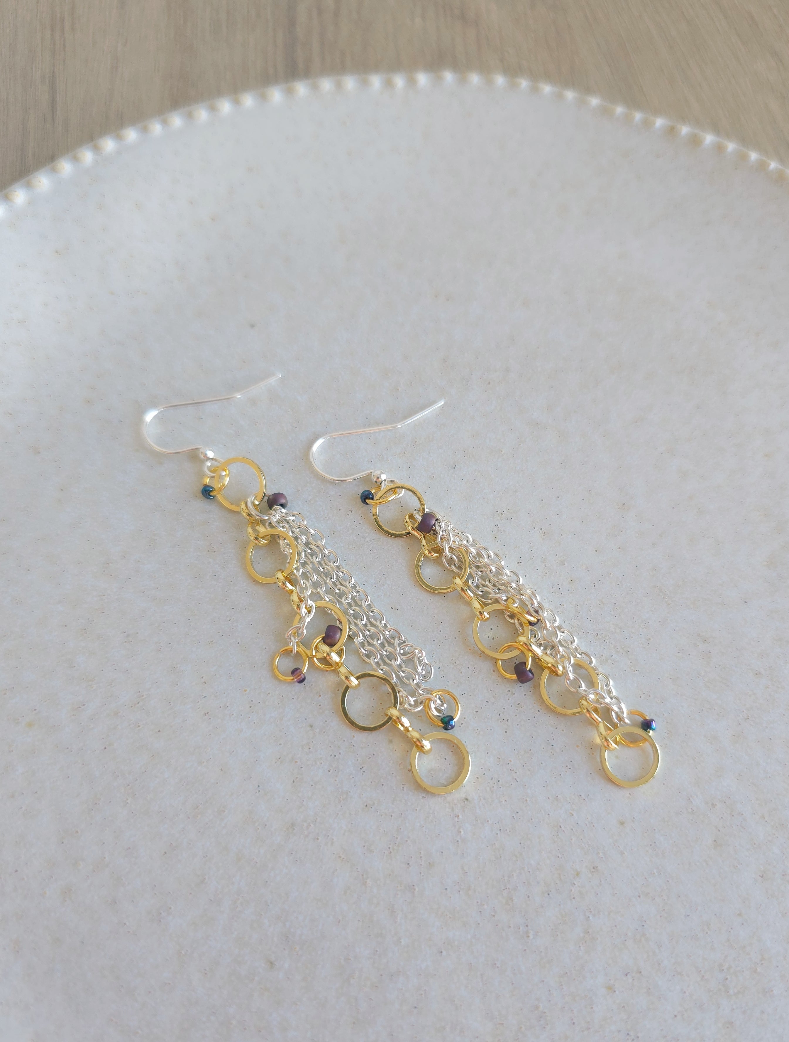 Golden & silver shades chain earrings with colorful accents