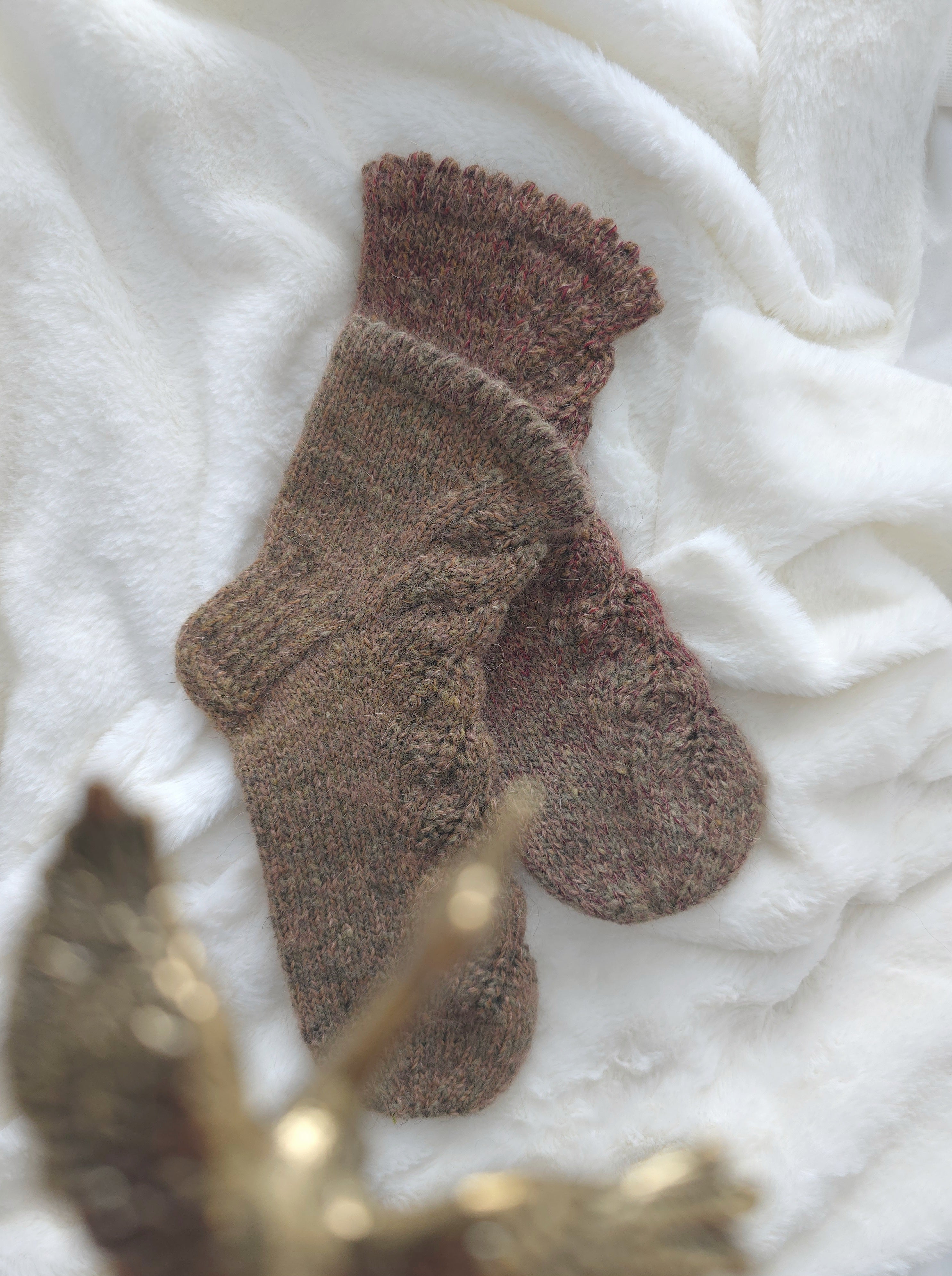 Beige, lace texture knitted socks. Foot size 24cm