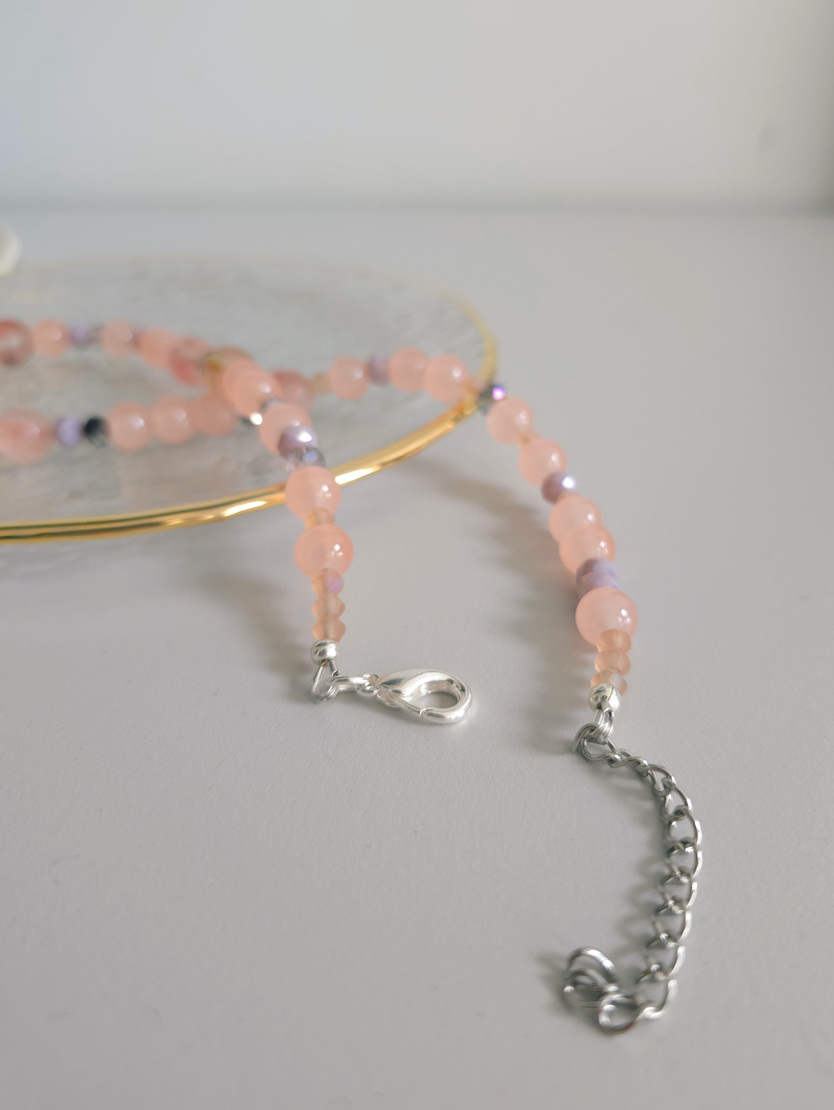 Gentle pink rose quartz and shiny beads necklace